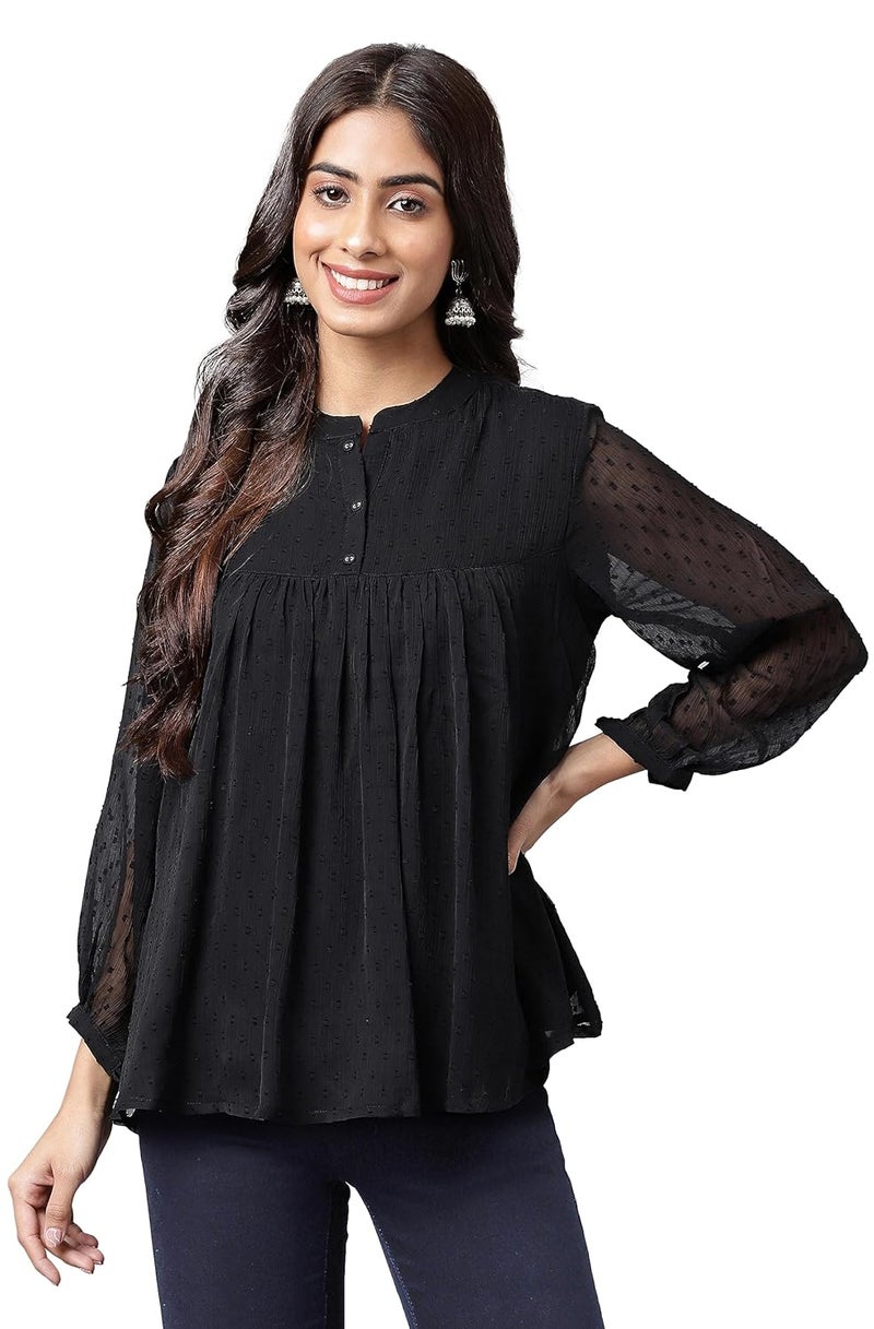 Janasya Women's Black Dobby Chiffon Solid Empire Top - Image 1
